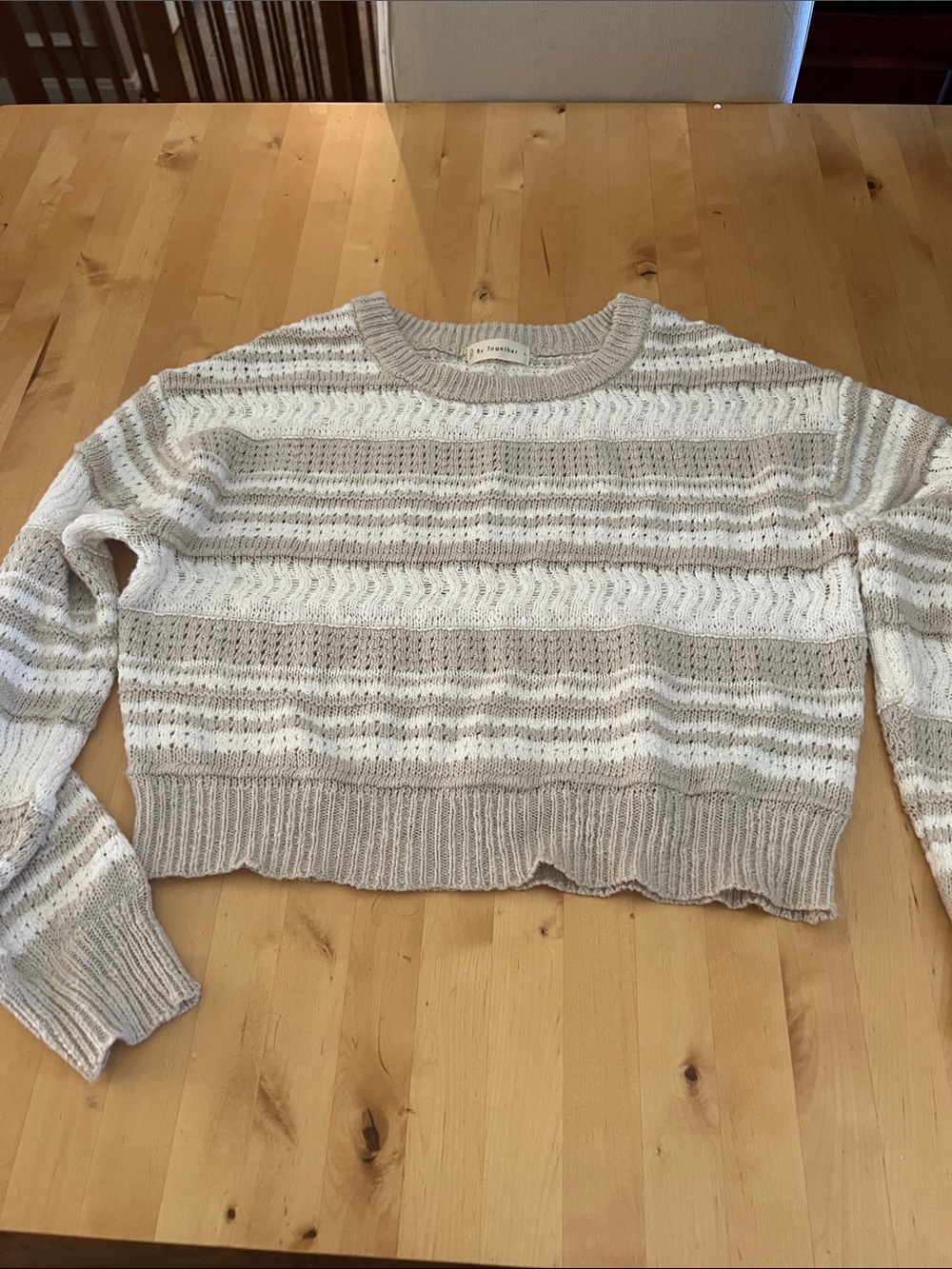 By Together Cream and Beige Open-Knit Striped Crewneck Cropped Sweater